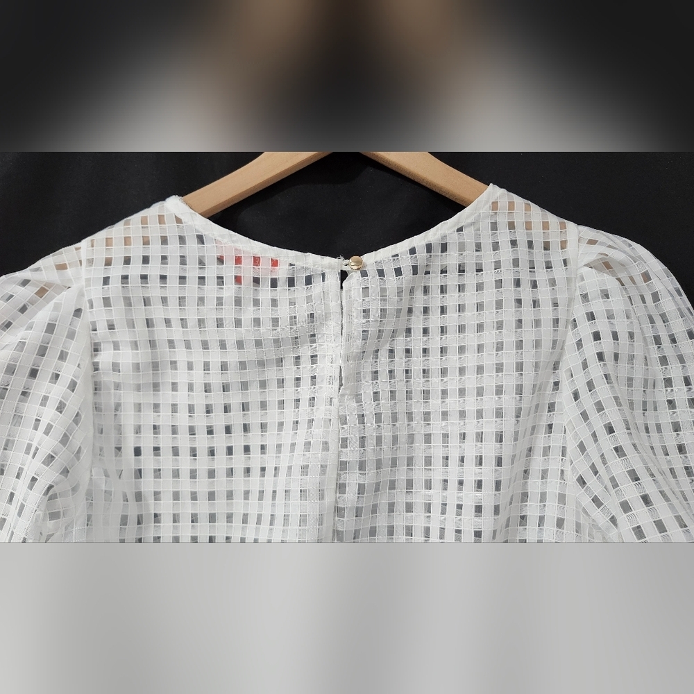 Mele E Pere Womens Puff Sleeve Top Size M White Sheer Modern Checkered Coquette - Picture 8 of 8